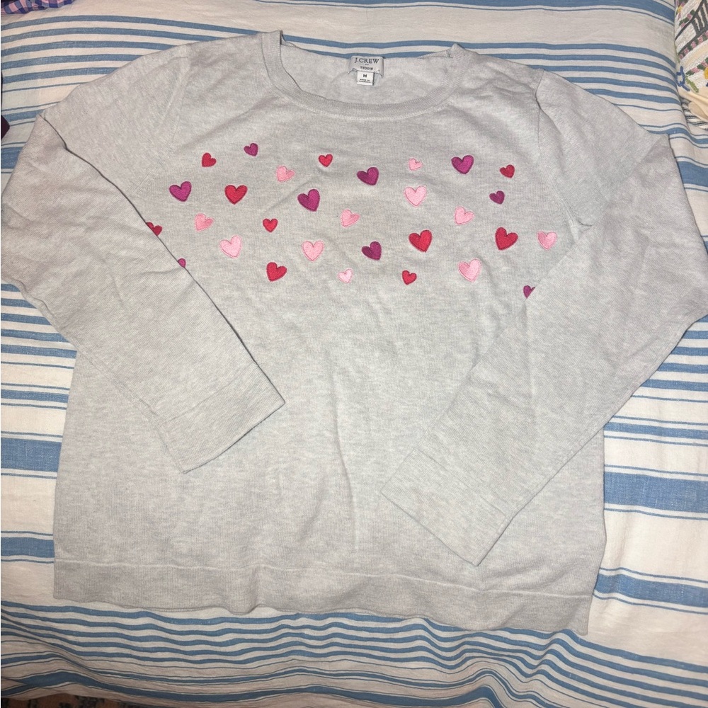 J. Crew Light Gray Crewneck Sweater with Pink & Red Heart Print